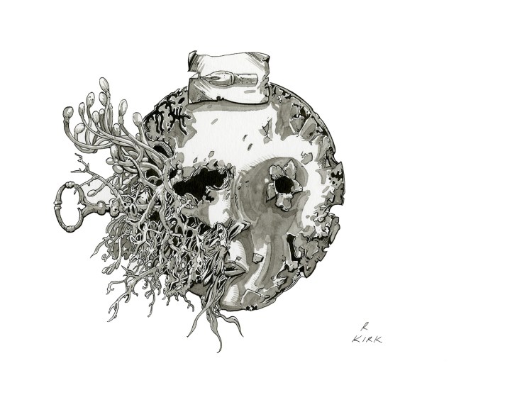 Ink drawing of a face with sticks and mushrooms growing out of it.