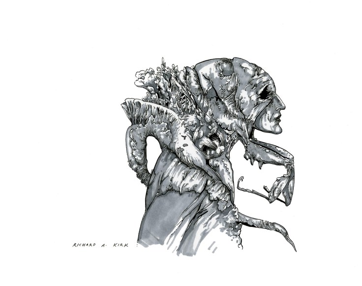 Ink drawing of a man with preying mantis appendages