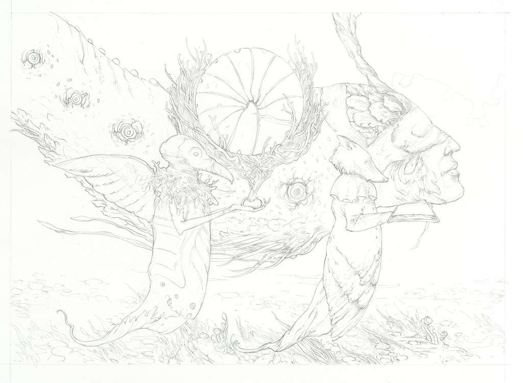 Under drawing for an ink drawing featuring fantasy characters.